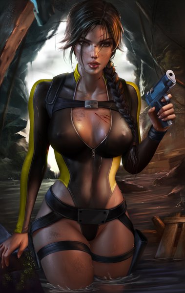 Anime picture 2048x3245 with tomb raider lara croft logan cure single long hair tall image looking at viewer fringe highres breasts light erotic brown hair large breasts holding brown eyes braid (braids) parted lips arm up fingernails lips
