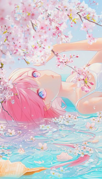 Anime picture 800x1396 with original lium single long hair tall image looking at viewer fringe blue eyes bare shoulders pink hair outdoors lying pink eyes arm up on back partially submerged multicolored eyes spring girl flower (flowers)