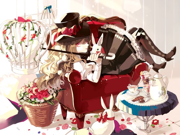 Anime picture 1500x1125 with original platina77 single long hair brown hair lying pink eyes wavy hair girl dress flower (flowers) hat animal pantyhose shoes bird (birds) rose (roses) couch cup bunny