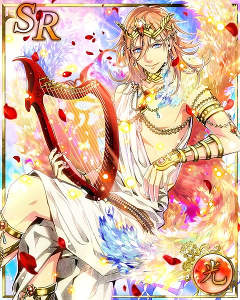 Anime picture 768x960 with uta no prince-sama a-1 pictures jinguji ren kaya lily single long hair tall image looking at viewer blue eyes blonde hair smile sitting crossed legs boy earrings petals bracelet fur jewelry musical instrument