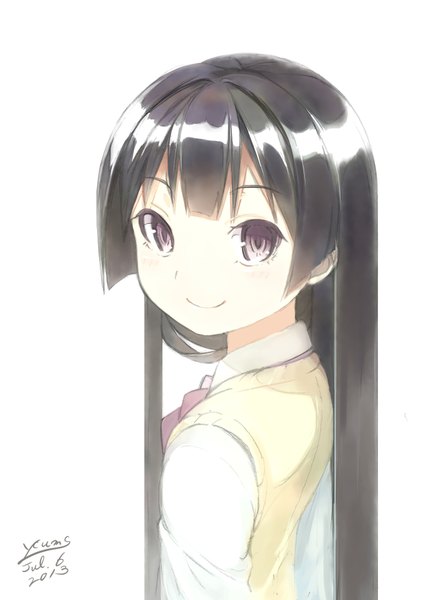 Anime picture 1372x1850 with original ycums (artist) single long hair tall image looking at viewer black hair smile white background brown eyes payot upper body hime cut girl vest