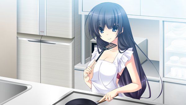 Anime picture 1280x720 with imouto ga boku o neratteru long hair blue eyes black hair smile wide image game cg cooking nearly naked apron girl apron kitchen frying pan spatula