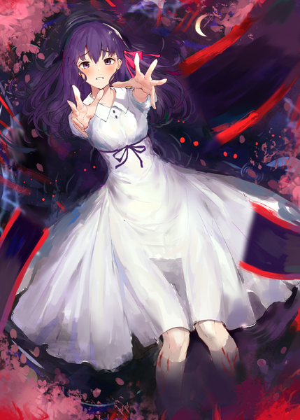 Anime picture 777x1087 with fate (series) fate/stay night matou sakura akamizuki (akmzk) single long hair tall image looking at viewer blush fringe hair between eyes purple eyes payot purple hair parted lips from above arms up tears partially submerged scar