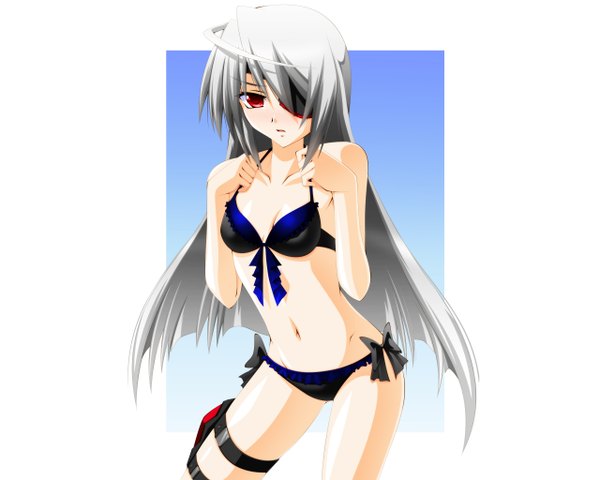 Anime picture 2560x2048 with infinite stratos 8bit laura bodewig tagme (artist) single long hair looking at viewer blush highres open mouth light erotic red eyes bare shoulders silver hair grey hair girl navel swimsuit bikini black bikini