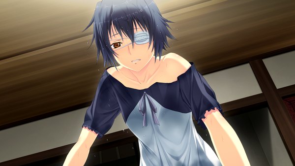 Anime picture 1024x576 with suigetsu 2 short hair black hair wide image brown eyes game cg girl dress eyepatch