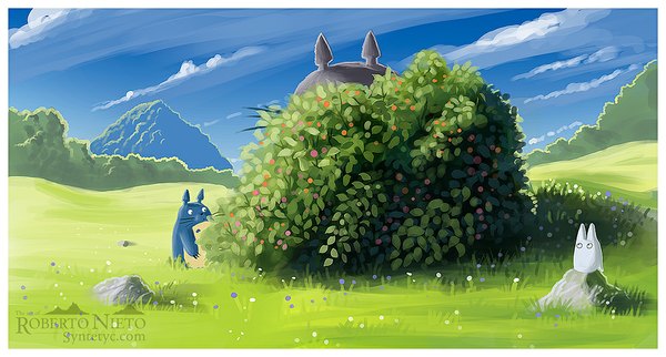 Anime picture 1000x538 with tonari no totoro studio ghibli totoro chibi totoro syntetyc wide image landscape flower (flowers) plant (plants) stone (stones)