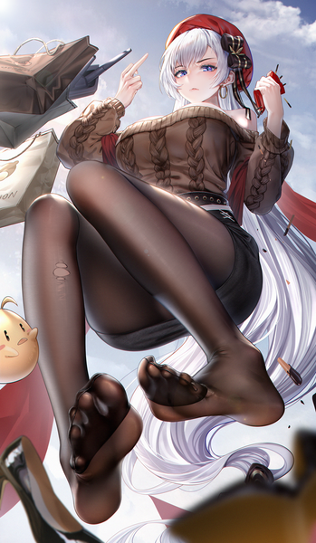 Anime picture 800x1376 with azur lane manjuu (azur lane) belfast (azur lane) belfast (shopping with the head maid) (azur lane) hbb single tall image looking at viewer blush fringe breasts blue eyes light erotic holding sky silver hair cloud (clouds) full body bent knee (knees) outdoors