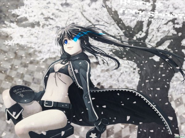 Anime-Bild 1600x1200 mit black rock shooter black rock shooter (character) cloverpeia single long hair blue eyes black hair sitting twintails light smile midriff cherry blossoms glowing flat chest glowing eye (eyes) pale skin front-tie top checkered background girl gloves