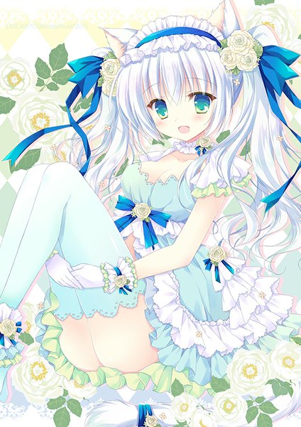 Anime picture 608x860 with original hasekura chiaki single long hair tall image looking at viewer blush fringe breasts open mouth light erotic smile large breasts twintails green eyes animal ears bent knee (knees) ass white hair tail