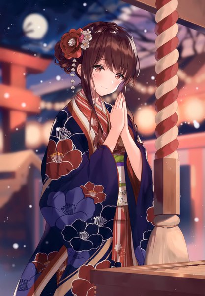 Anime picture 2406x3464 with original necomi (gussan) single long hair tall image looking at viewer blush highres brown hair standing brown eyes payot outdoors traditional clothes japanese clothes fingernails light smile blurry scan night