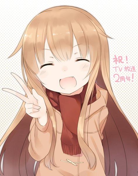 Anime picture 787x1000 with gj-bu doga kobo amatsuka mao nekoume single long hair tall image blush fringe open mouth blonde hair smile hair between eyes payot upper body ahoge eyes closed long sleeves arm up from above