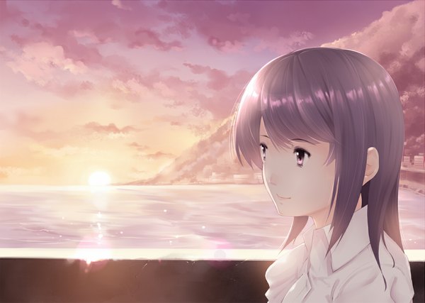 Anime picture 1076x767 with original ryouku single long hair black hair purple eyes sky cloud (clouds) evening sunset girl sea
