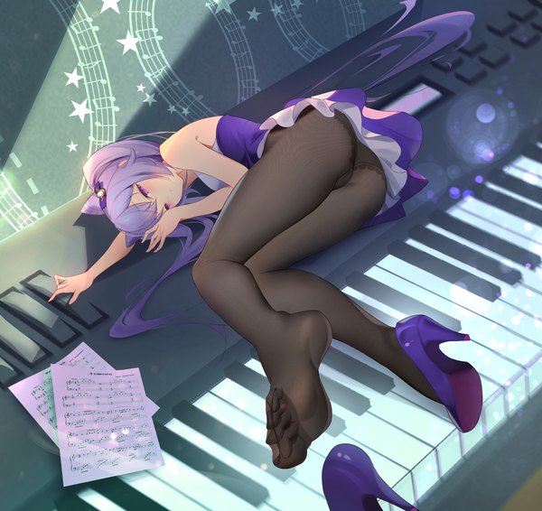 Anime picture 3376x3187 with genshin impact keqing (genshin impact) somna single long hair blush fringe highres light erotic hair between eyes purple eyes twintails absurdres purple hair full body bent knee (knees) ass lying high heels lens flare