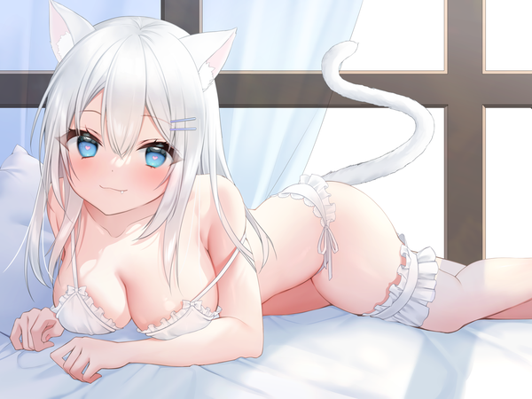 Anime picture 4200x3150 with original yoruhoshi owl single long hair looking at viewer blush fringe highres breasts blue eyes light erotic smile hair between eyes large breasts animal ears absurdres cleavage white hair indoors tail