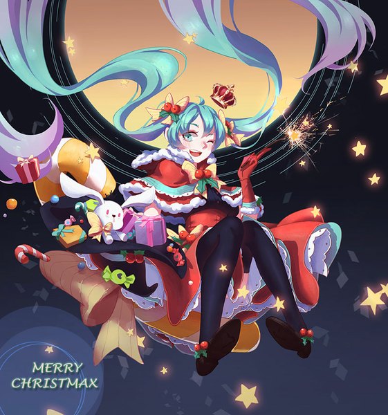 Anime picture 800x855 with vocaloid hatsune miku mame (yangqi787) single tall image looking at viewer blush open mouth twintails very long hair one eye closed aqua eyes wink aqua hair christmas merry christmas girl thighhighs gloves black thighhighs