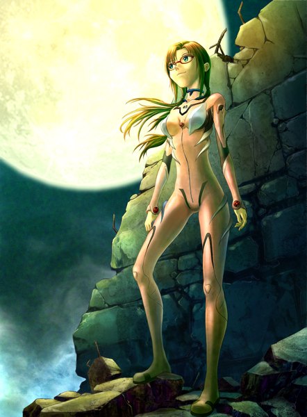 Anime picture 2480x3366 with neon genesis evangelion rebuild of evangelion evangelion: 2.0 you can (not) advance gainax makinami mari illustrious long hair tall image highres blue eyes brown hair girl glasses moon bodysuit pilot suit
