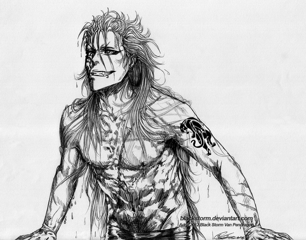 Anime picture 1534x1204 with bleach studio pierrot grimmjow jeagerjaques blackstorm single long hair looking at viewer smile bare belly wet tattoo piercing monochrome scar espada boy