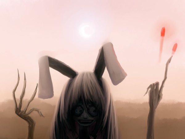 Anime picture 1400x1050 with touhou reisen udongein inaba caoth (artist) single long hair fringe open mouth animal ears looking away pink hair bunny ears crazy girl blood