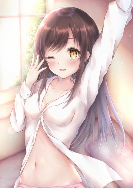 Anime picture 1158x1637 with original kirameki no hiroto single long hair tall image looking at viewer blush fringe breasts open mouth light erotic smile brown hair yellow eyes payot cleavage indoors long sleeves :d one eye closed