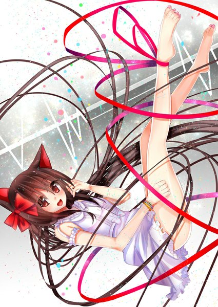 Anime picture 716x1011 with original nekoboshi sakko single tall image blush open mouth black hair red eyes animal ears very long hair barefoot cat ears bare legs cat girl girl dress bow ribbon (ribbons) hair bow sundress