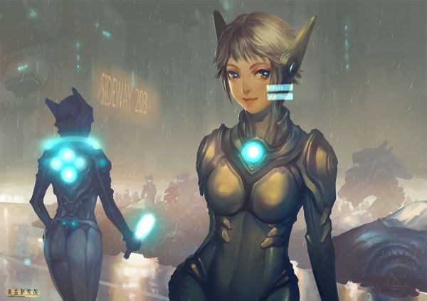 Anime picture 1200x847 with original ariver kao looking at viewer short hair blonde hair standing multiple girls holding brown eyes outdoors city rain cityscape science fiction girl 2 girls armor building (buildings) bodysuit ground vehicle