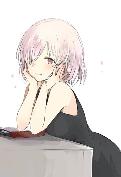 Anime picture 642x938 with fate (series) fate/grand order mash kyrielight lpip single tall image looking at viewer blush fringe short hair simple background smile white background bare shoulders pink hair pink eyes hair over one eye hands on face girl dress