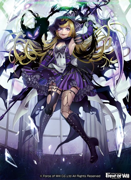 Anime picture 600x820 with original matsurika youko single long hair tall image looking at viewer blue eyes blonde hair girl thighhighs dress bow weapon hair bow animal boots cat scythe torn thighhighs