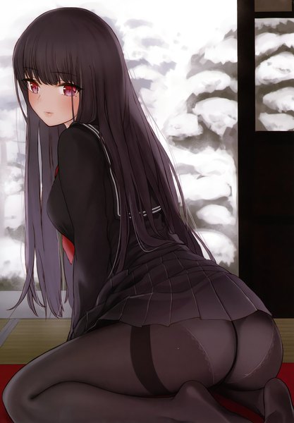 Anime picture 2680x3853 with original suto (iamsuto) single long hair tall image blush fringe highres light erotic black hair red eyes sitting ass blunt bangs looking back scan girl skirt uniform underwear