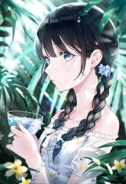 Anime picture 1025x1500 with original iren lovel single long hair tall image looking at viewer blush fringe blue eyes black hair bare shoulders holding upper body blunt bangs braid (braids) hair flower off shoulder mole mole under eye twin braids