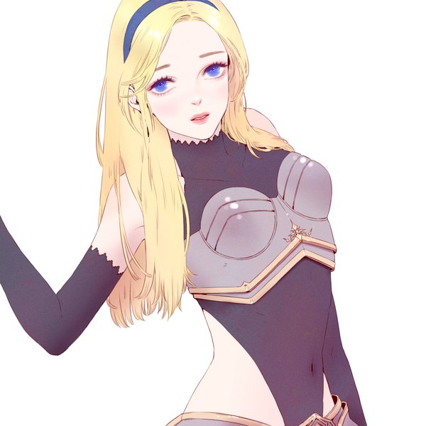 Anime picture 1748x1748 with league of legends lux (league of legends) heather37 single long hair looking at viewer highres blue eyes simple background blonde hair white background midriff girl gloves navel elbow gloves hairband armor