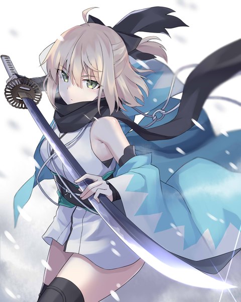 Anime picture 2787x3484 with fate (series) fate/grand order koha-ace okita souji (fate) (all) okita souji (koha-ace) 100% single tall image looking at viewer fringe highres short hair blonde hair hair between eyes holding green eyes ahoge ponytail long sleeves traditional clothes