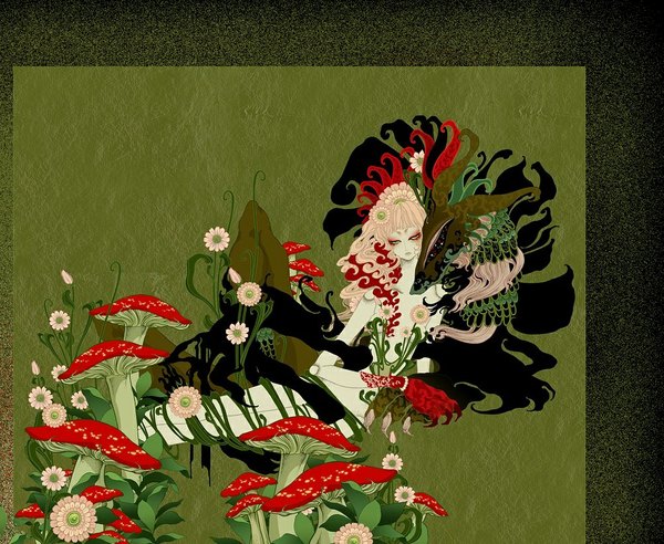 イラスト 1000x820 と オリジナル aya kato ソロ 長髪 金髪 green background 女の子 髪飾り 花 mushroom (mushrooms)
