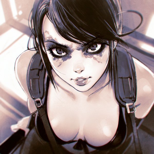 Anime picture 1080x1080 with metal gear metal gear solid metal gear solid v: the phantom pain konami quiet (metal gear) ilya kuvshinov single looking at viewer fringe short hair breasts light erotic black hair bare shoulders cleavage parted lips from above lips black eyes girl