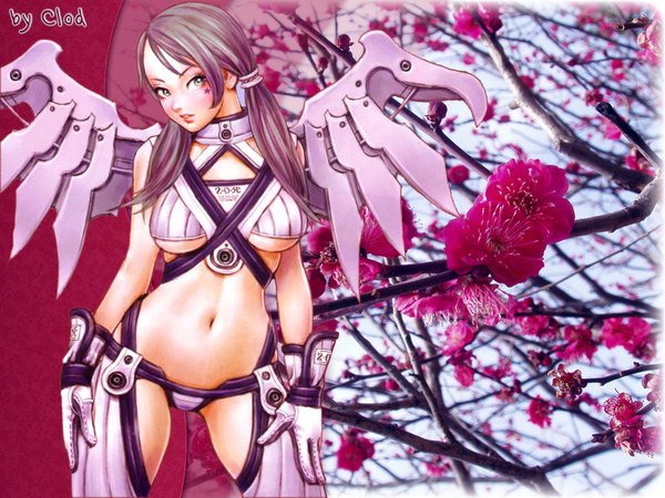 Anime picture 1600x1200 with original yamashita shunya clod (artist) single long hair blush breasts light erotic twintails green eyes signed looking away grey hair arms up bare belly wallpaper cherry blossoms facial mark girl gloves