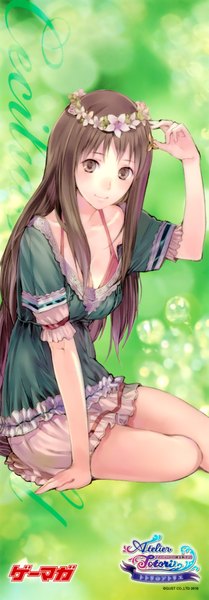 Anime picture 1397x4000 with kishida mel long hair tall image smile brown hair sitting brown eyes inscription green background girl wreath