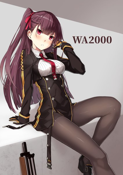 Anime picture 1132x1600 with girls frontline wa2000 (girls frontline) takanashi kei (hitsujikan) single long hair tall image looking at viewer blush fringe breasts simple background red eyes brown hair sitting bent knee (knees) parted lips head tilt arm support character names one side up