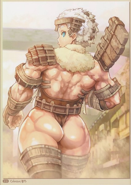 Anime picture 1200x1694 with shadow of the colossus (game) single tall image short hair blue eyes light erotic blonde hair ass white hair scan muscle girl armor fur