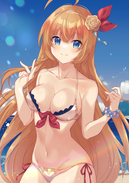 Anime picture 2481x3508 with princess connect! re:dive princess connect! pecorine (princess connect!) miyakoto single long hair tall image looking at viewer blush fringe highres breasts blue eyes light erotic smile hair between eyes large breasts standing payot sky