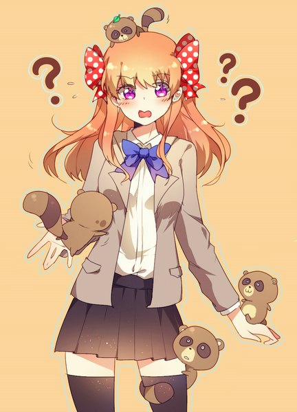 Anime picture 850x1180 with gekkan shoujo nozaki-kun doga kobo sakura chiyo kurasaki ken single long hair tall image blush open mouth simple background purple eyes orange hair polka dot ? animal on head girl thighhighs uniform bow black thighhighs