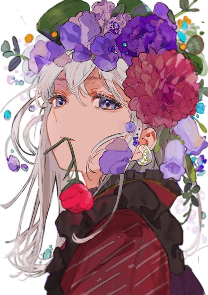 Anime picture 2894x4093 with original qooo003 single long hair tall image highres purple eyes holding looking away silver hair upper body hair flower mouth hold flower in mouth girl flower (flowers) earrings
