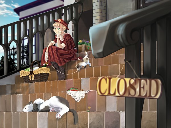 Anime picture 1067x800 with original shoda masumi (artist) single short hair blonde hair green eyes victorian girl dress gloves hat food cat stairs