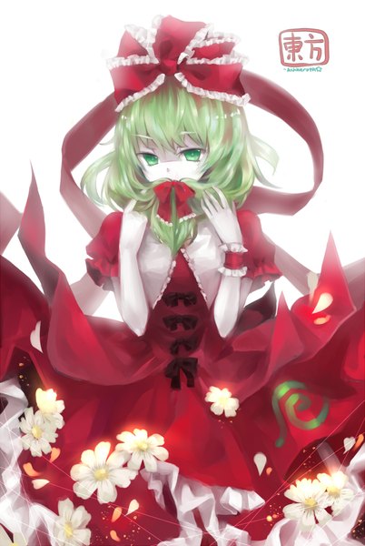 Anime picture 1400x2086 with touhou kagiyama hina sevten (ashkeroth) single tall image looking at viewer short hair simple background white background green eyes signed green hair girl dress flower (flowers) ribbon (ribbons) hair ribbon petals red dress