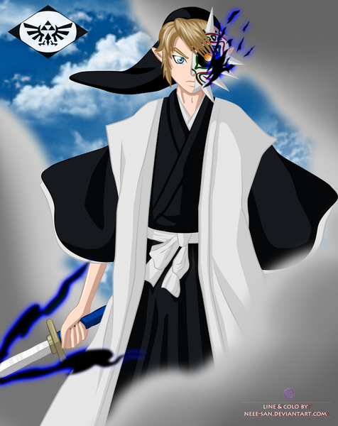 Anime picture 2000x2523 with bleach the legend of zelda studio pierrot nintendo tagme (character) link neee-san single tall image highres short hair blue eyes brown hair sky cloud (clouds) japanese clothes coloring magic smoke boy