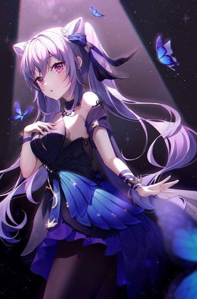Anime picture 1100x1668 with genshin impact keqing (genshin impact) keqing (opulent splendor) (genshin impact) tteullie single long hair tall image looking at viewer fringe hair between eyes purple eyes twintails purple hair sparkle hair bun (hair buns) official alternate costume hand on chest dust girl dress