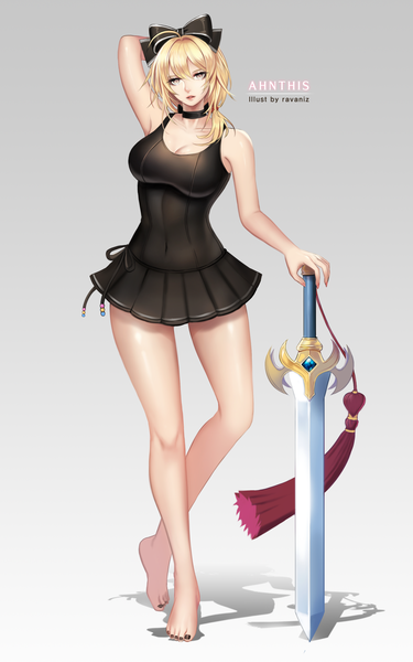 Anime picture 2100x3360 with dungeon and fighter ravaniz single long hair tall image looking at viewer highres light erotic blonde hair brown eyes barefoot bare legs shadow girl dress bow weapon hair bow sword short dress