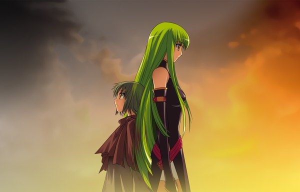 Anime picture 1600x1024 with code geass sunrise (studio) c.c. kimura takahiro long hair fringe short hair standing bare shoulders multiple girls yellow eyes looking away sky cloud (clouds) long sleeves profile green hair back to back dual persona alternate age