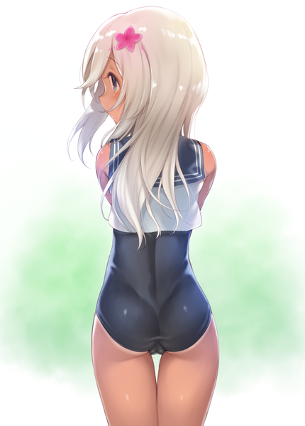 Anime picture 603x842 with kantai collection ro-500 submarine pokachu single long hair tall image blue eyes light erotic blonde hair simple background standing white background looking away profile hair flower from behind thigh gap cameltoe sailor collar tan
