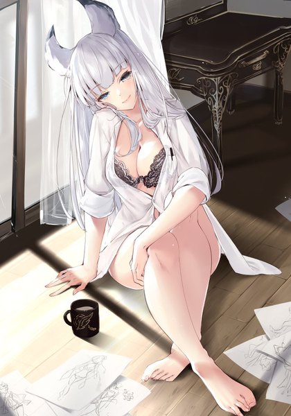 Anime picture 701x1001 with granblue fantasy korwa (granblue fantasy) 218 single long hair tall image blush fringe breasts blue eyes light erotic smile large breasts sitting animal ears cleavage silver hair bent knee (knees) indoors blunt bangs