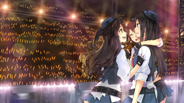 Anime picture 1920x1080 with idolmaster idolmaster cinderella girls shibuya rin shimamura uzuki honda mio hao (patinnko) long hair blush highres short hair open mouth black hair brown hair wide image multiple girls brown eyes eyes closed revision rocking school girl