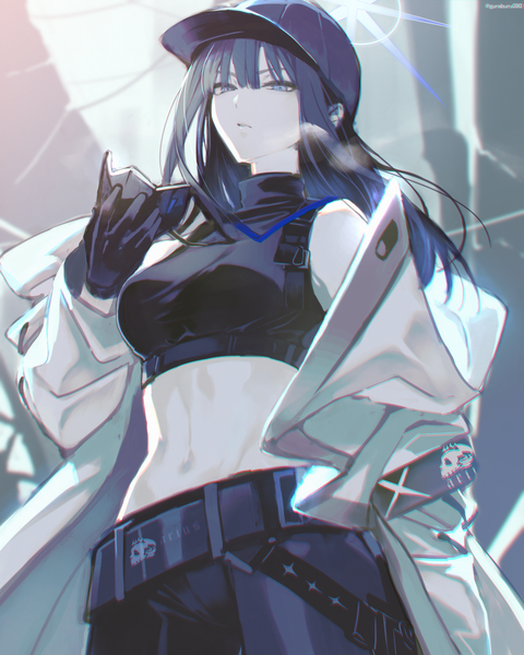 Anime picture 1200x1500 with blue archive saori (blue archive) etomai single long hair tall image fringe blue eyes black hair hair between eyes holding open jacket from below midriff exhalation girl gloves black gloves jacket halo